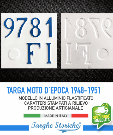 Targa Moto Epoca per motoveicoli dal 1948 al 1951 (Predisposizione bollo grande) - Alluminio Plastificato, Colorazione d'Origine