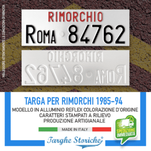 Targa Rimorchio Catarifrangente, con Caratteri in Rilievo Punzonati dal 1985 al 1994 con sigla di provincia
